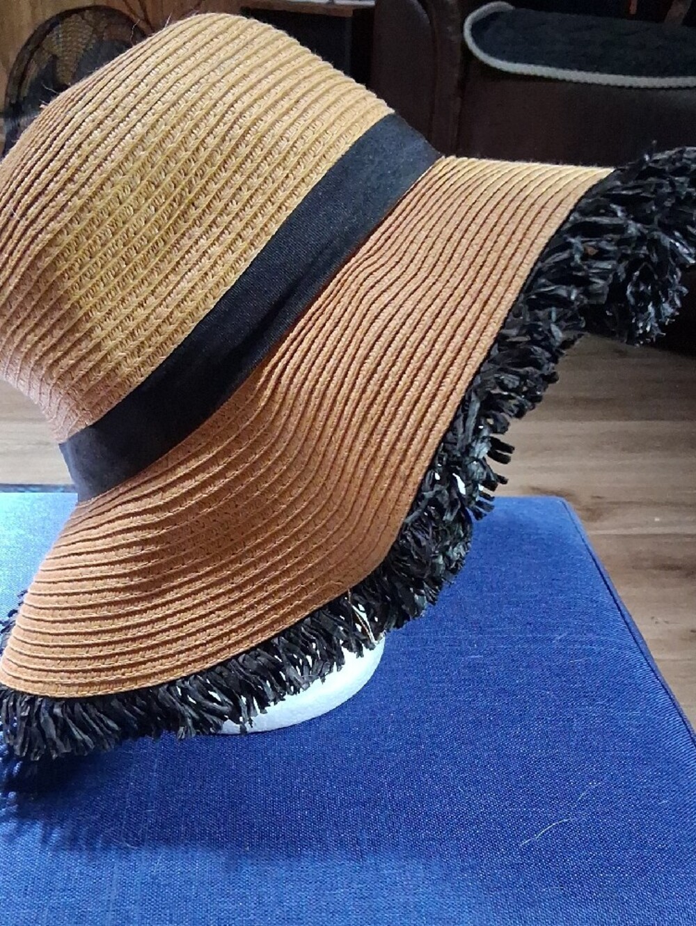 Wide Brim Straw Sun Hat with Fringe Trim - Tan and Black - Picture 3 of 4